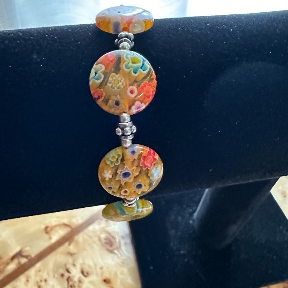 Millefiori Bead and Silver Bracelet w Toggle Closure Murano